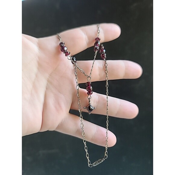 925 Sterling Silver Beaded Garnet Pendant Necklace Vintage - Picture 1 of 10